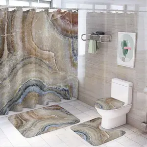 Marble Pattern Bathroom Accessories, 4 Counts/set Including 1 Shower Curtain with 12 Hooks, 1 Toilet Lid Cover, 1 Rectangular Mat, 1 U-shaped Mat, Bathroom Decoration Accessories
