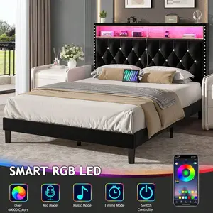 LED Bed Frame With Storage Shelf Headboard, Velvet Upholstered Bed Frame With Charging Station, Modern Bed Frame With Diamond Tufted Headboard, No Box Spring Needed, White/ Black, Full/ Queen/ King  (USB LED Strip)