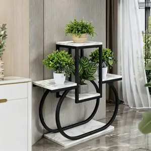 Indoor Plant Stand with 4 Tiers Faux Marble & Black Metal Curved Frame Versatile Rack for Living Room Garden & Terrace