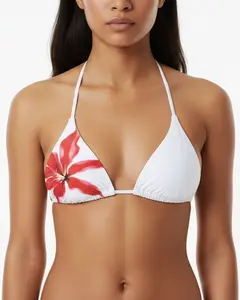 Floral Triangle Bikini Top - White with Red Hibiscus Print
