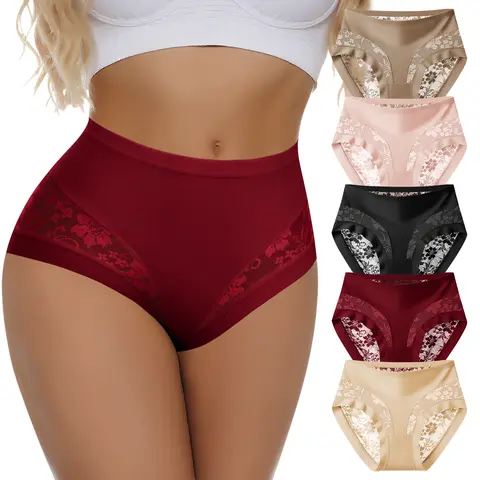 QUASTI 5PCS Mid Waisted Spliced Sexy Lace Women's Panties, Lightweight Translucent Skin-Friendly Soft Comfortable Sweet Basic Fit Invisible Underwear, Seamless Anti Roll Edge Elegant Confidence Briefs, S-XXL, Fabric, Smooth, 5 Pcs/5 Colors, Soft Touch Bri