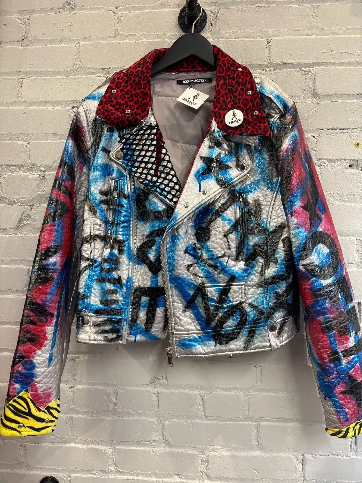 Metallic Vegan “Warning” Perfecto Style Battle Jacket