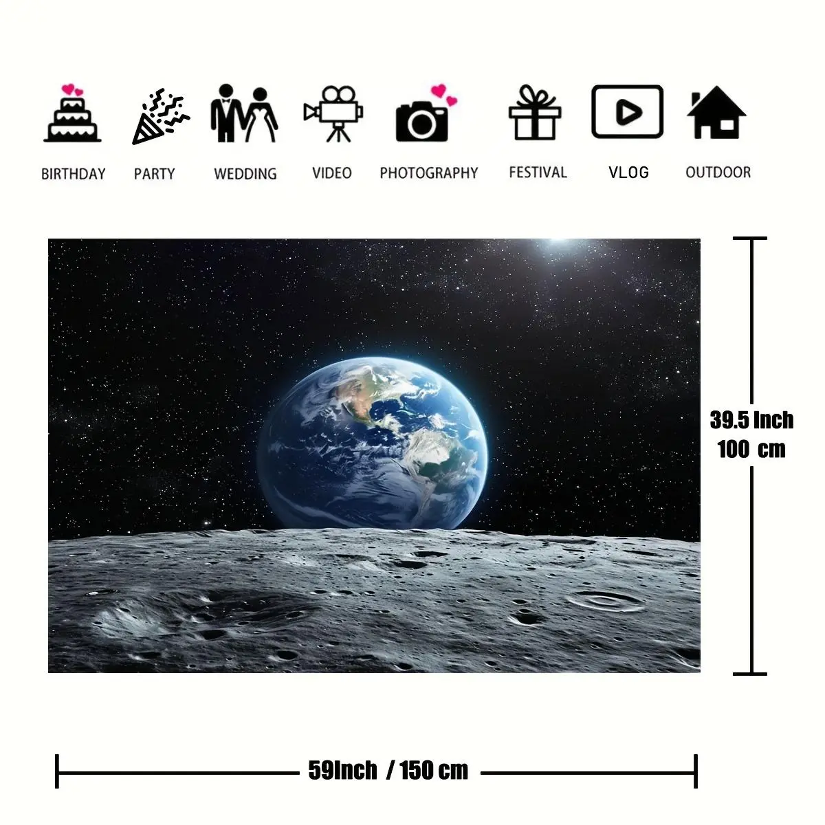 1pc Durable Polyester Outer Space Photography Backdrop - 150x100cm Earth & Moon Surface, Starry Sky Design, Home Decor Party Decor for Newborn Photo Shoots, Birthday Events, Indoor-Outdoor Use, Space Scene
