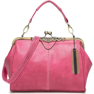 Women Vintage Small Retro Handbags Kiss Lock Crossbody Purse Frosted Leather Messenger Bag Tote