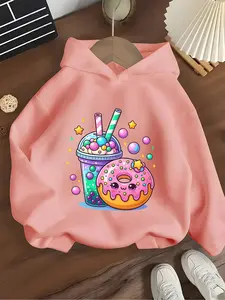 Girls' Hooded Sweatshirt with Milk Tea Donut Print, Dreamy Food Elements, Casual Kids Clothing, Soft Fabric, Sweet Girls' Apparel