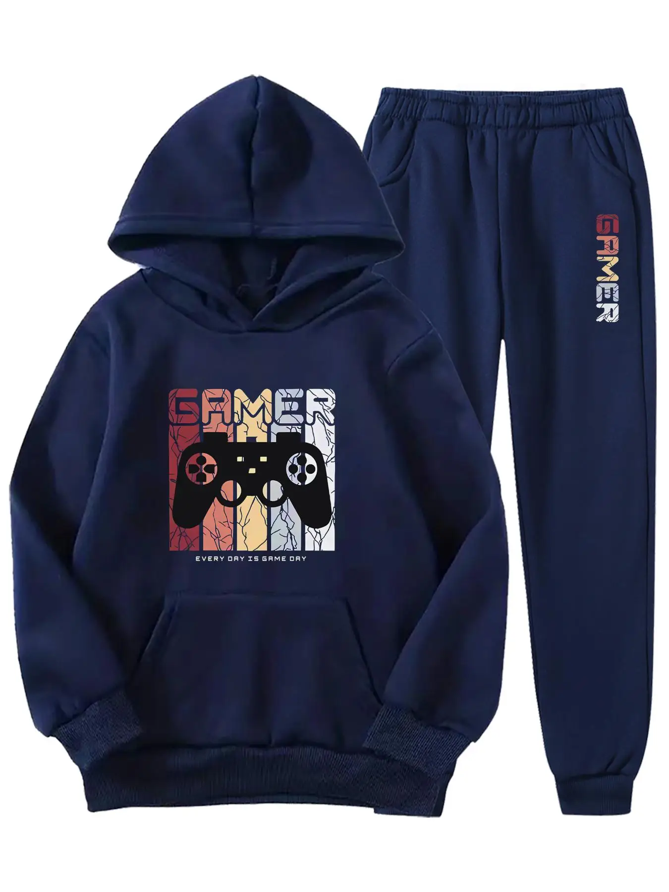 Two-Piece Set Boy's Game Console Print Hoodie & Pocket Sweatpants, Casual Sporty Long Sleeve Hooded Sweatshirt & Jogger Pants for Daily Wear, Kids Fal