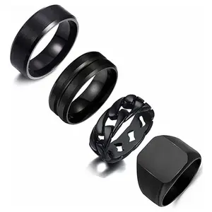 4pcs Titanium Steel Black Signet Solid Biker Ring for Polished Matte Grooved Edges Cuban Link Band Rings Set Size 8 (18.2mm ), for Men