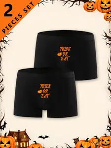 2-Piece Halloween Pumpkin Lantern Print Men's Boxer Briefs, Stylish Comfortable Sexy Boxers, Party Wear, Halloween Costume, Letter Print, Elastic Fabric, Soft Texture, Men's Boxers, Skin-Fit Snug, Fashion Enthusiasts