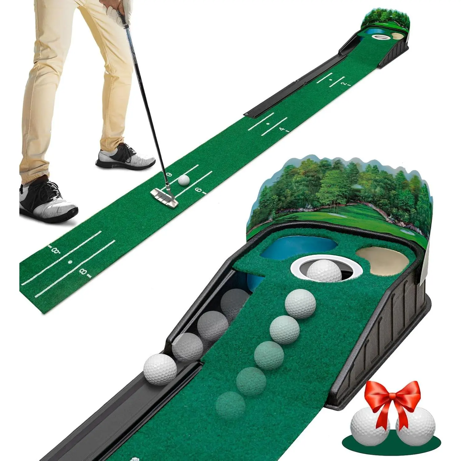 8ft Indoor Putting Mat - Wrinkle-Free Hazard Green Golf Accessory with Automatic Ball Return, Alignment Guides, 3D Lenticular Backplate for Practice