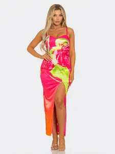 Vibrant Tropical Floral Print Satin Bodycon Dress with Slit - Sexy Sleeveless Midi Dress for Party and Clubwear Casual Fabric Womenswear Formal