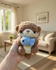 Handmade Crochet Otter Plush Holding Fish, Amigurumi Stuffed Animal Toy