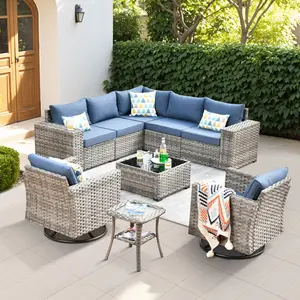 【4 Packages Shipping】HOOOWOOO 9 Pieces Outdoor Patio Furniture Set with Swivel Chairs, Coffee Table, Conversation Sectional Wicker Couch, Modern Outside Sofa for Balcony Backyard