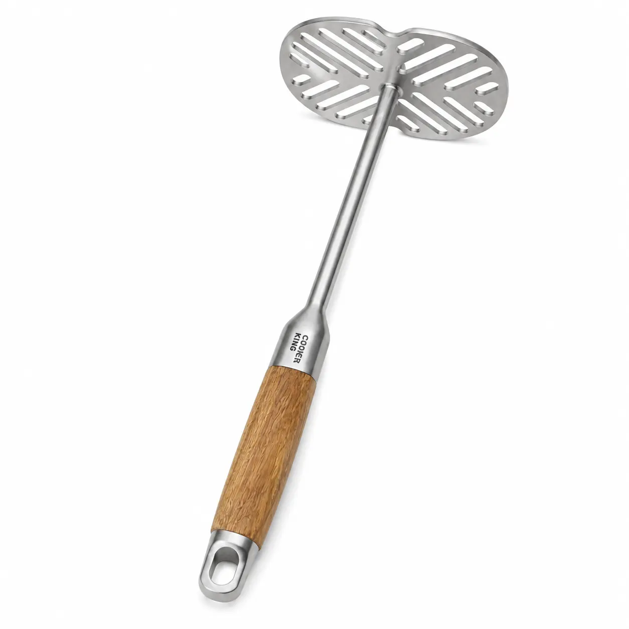 Cooker King Stainless Steel Potato Masher with Wooden Handle - Wide Plate Slotted Head, Durable Kitchen Utensil for Fruit, Smooth Baby Food, Mashed Potatoes, Avocado