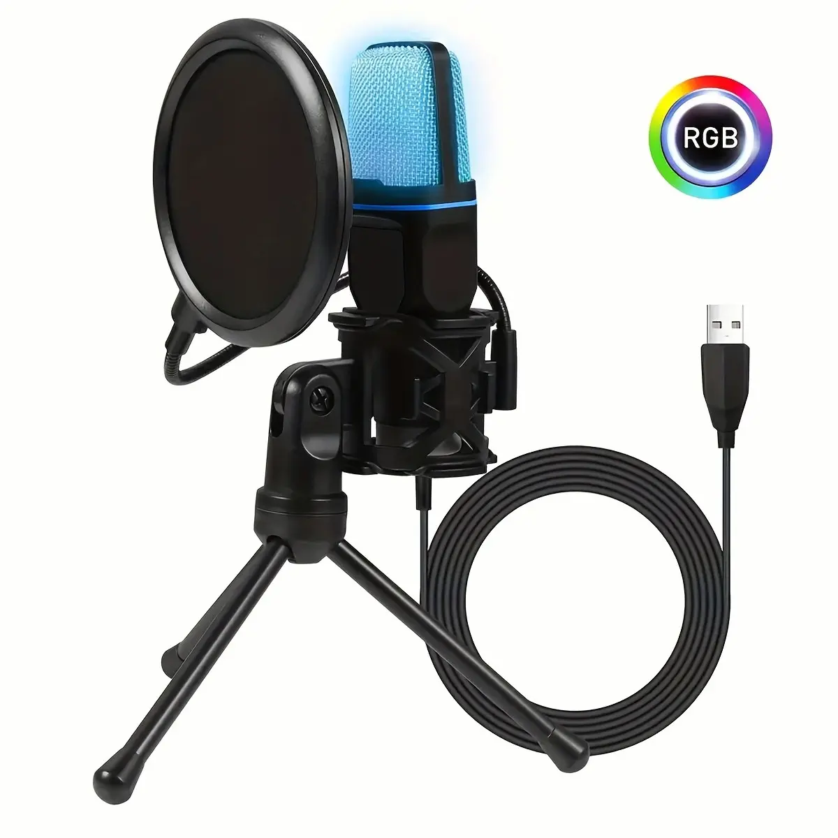 USB Microphone Condenser Microphone RGB Gaming Desktop Microphone Features Shock-Absorbing Stand And Pop Filter Ideal For Streaming, Singing, Recording, Podcasting Compatible With Laptops And Desktop Computers