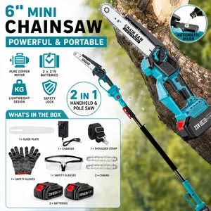2-in-1 Cordless Tree Trimmer Pole Saw for Gardeners, 6-in Compact & Versatile Chainsaw, 21V Electric Handheld Saw with 2 x Batteries, Auto Oiling, Comfortable Operation, Enhanced Performance, 16ft Max Reach