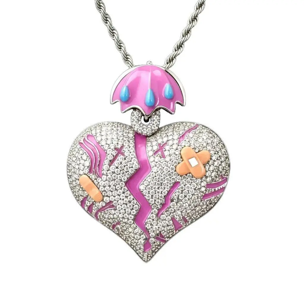 Iced Out Broken Heart Pendant Necklace - Streetwear Hip Hop Pink Bling Emo Choker, Customizable with Engraved Letters/Logos/Patterns, Necklaces for Women, Complimentary Shipping Costume Jewelry