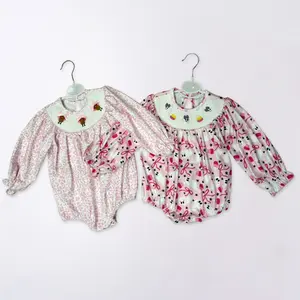 Thanksgiving Day thankful embroidery Smocked Girls Baby Romper