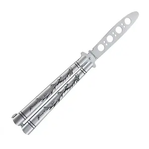 Practice Butterfly Trainer With Sure Spring Latch  Full Stainless Steel Black Dull Balisong Unsharpened Comb For Csgo Training(silver)