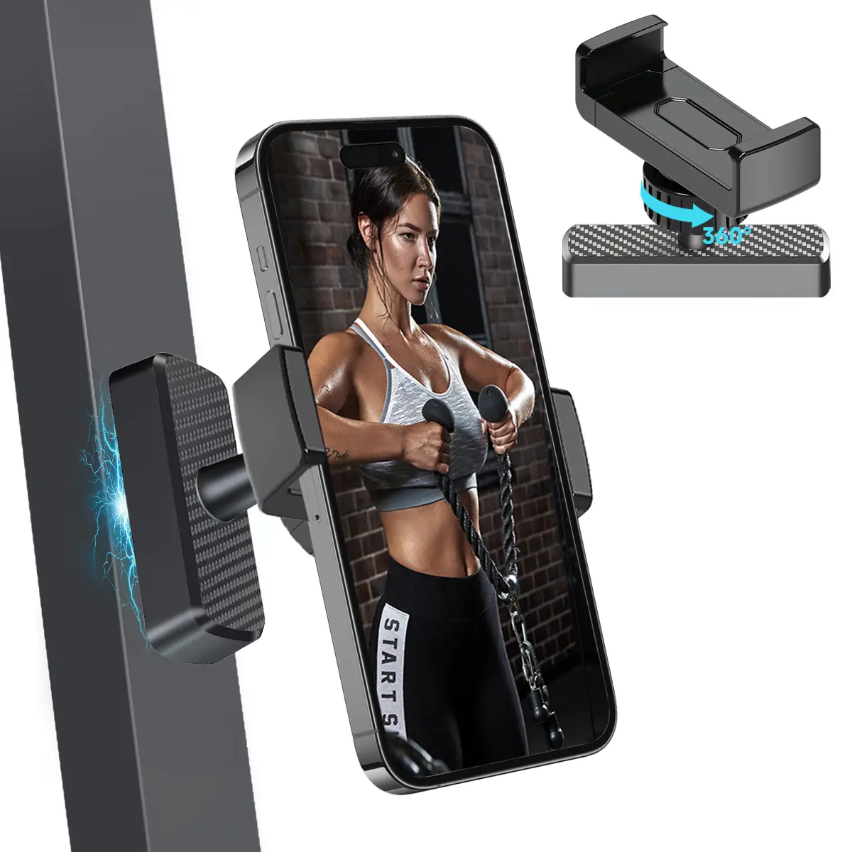 Magnetic Mobile Cellphone Holder for Gym, 360° Adjustable Silicone-Metal Strong Portable Mount for Workout Recording, Fitness Essential Accessory, Perfect Gift for Men, Compatible with 4.7-7" Android & All Smartphones