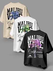 Men's Summer 3-Piece Set, Blue Tropical Palm Tree Print Round Neck Short Sleeve T-Shirts, Comfortable Loose Fit Casual Wear