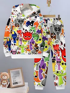 Sprunki Hoodie Set Cartoon Print Pullover Sweatsuit, Casual Streetwear for Boys Girls Ages 5-14, Spring & Fall Fitted Long Sleeve Hoodies