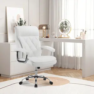 BarberPub Adjustable Comfy Home Office Chair Modern Nail Tech Chair with Thick Backrest & Rolling Wheels 3558 White Leather Ergonomic Comfort & Smooth Mobility
