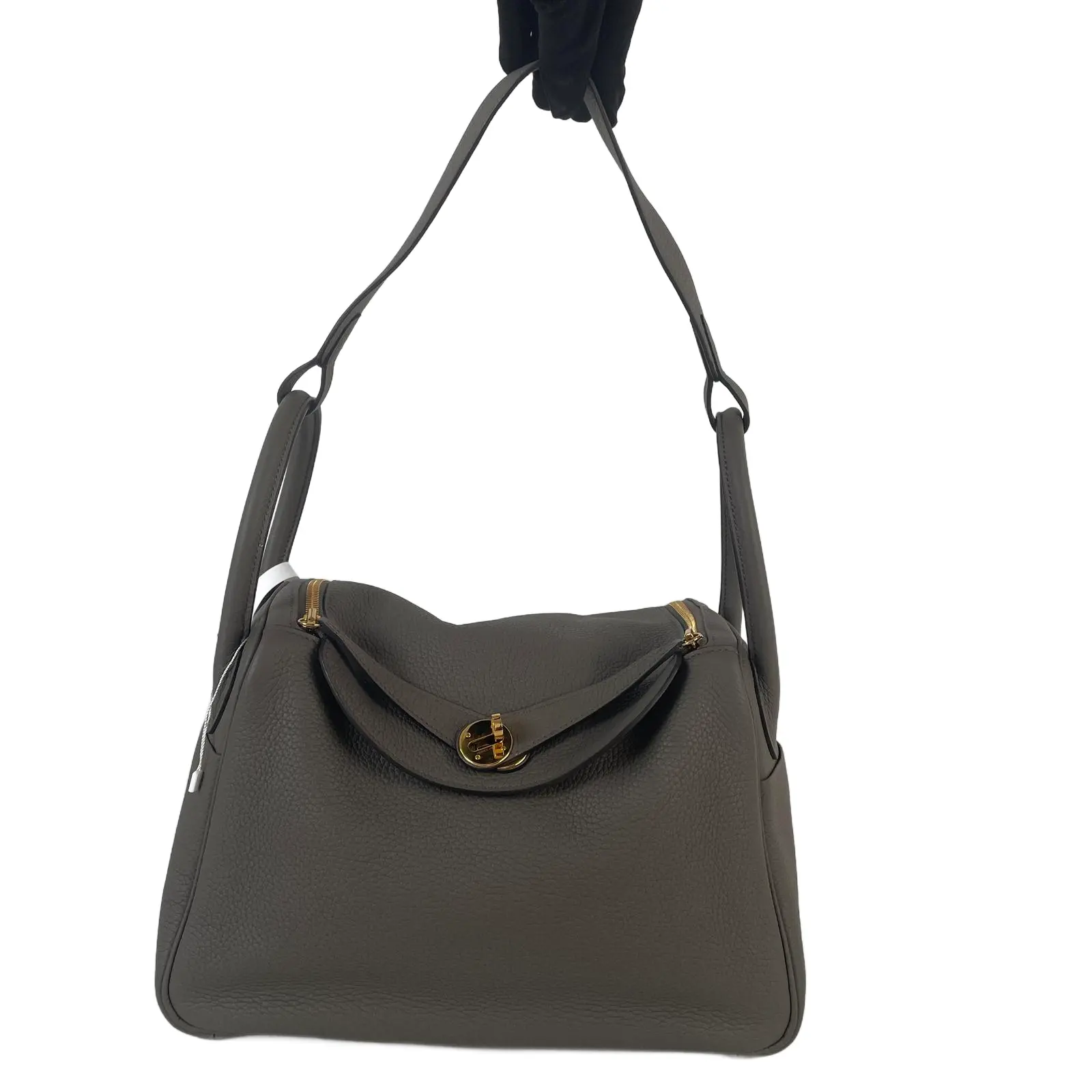Pre-owned HERMÈS leather Tote Bags Hermes Lindy 30 Etoupe Clemence with Gold Tone Hardware YEAR 2019 FEA006