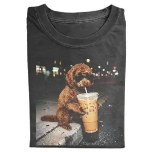 Vintage Poodle Drinking Iced Coffee Shirt, Funny Dog Graphic Tee, Cute Curly Puppy With Sunglasses Tee, Aesthetic Night Street Pet Lover T-Shirt, Trendy Coffee Lover Shirt, Gift for Men, Gift for Women