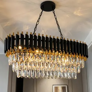 Modern Black Gold Crystal Chandelier, Dimmable Large Ceiling Crystal Chandelier for Living Room/Dining Room/Kitchen Island L31in E12