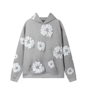 Denim cotton hoodie Hoodie cotton hoop jumper Sweatshirt Black white-floral white street fashion quan hoodie hoodie rotation