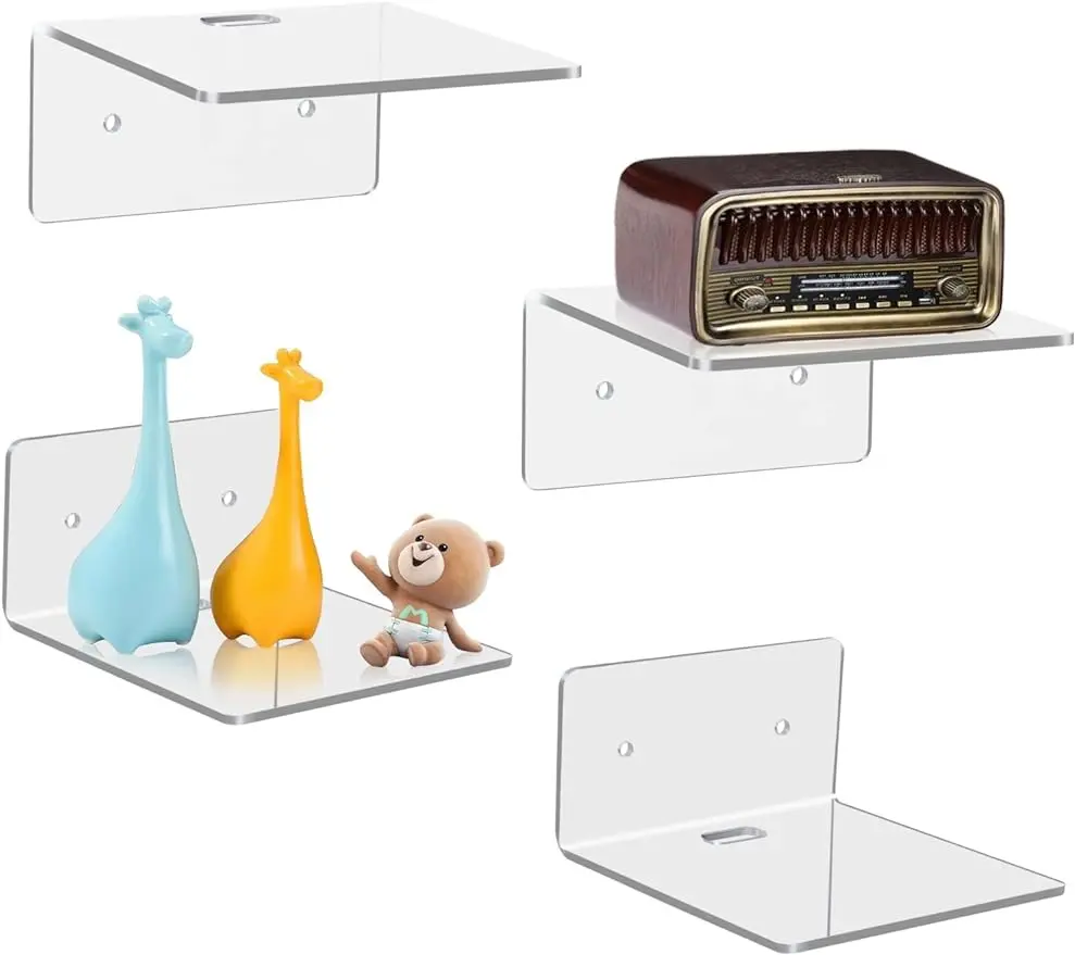 4 Pack Small Wall Shelf, 4'' Acrylic Wall Shelves Display Ledges for Storage & Decoration, Small Floating Shelf for Wall with 2 Types of Installation (Adhesive or Screw) selfmountingshelf Decorative