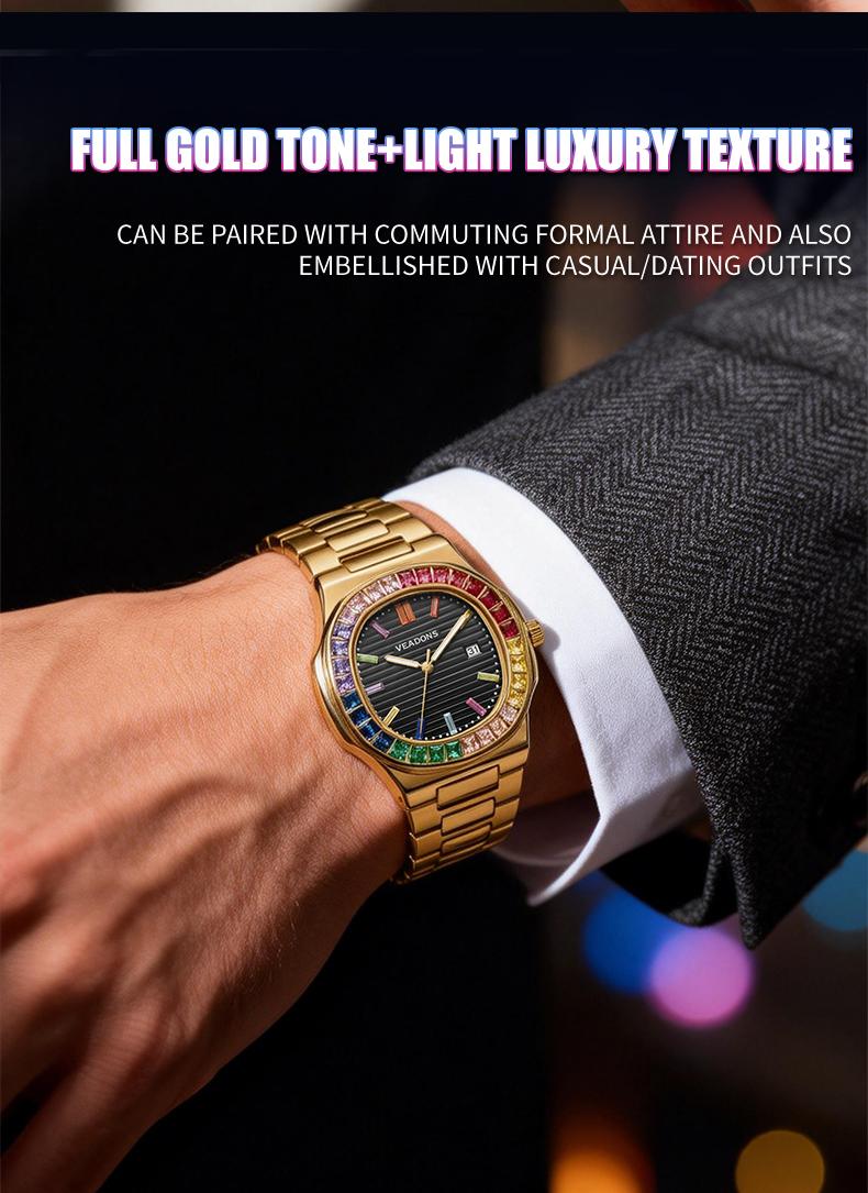 Brand Counter Authentic Premium Boutique Luxury Square Wristwatch – Rainbow Crystal Accents | High‑End Men’s Timepiece with Diamond Mirror Finish  | Versatile Casual & Business Look | Ideal Gift for Him | Stylish Wristwatch with Date Function