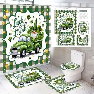 1/4pcs St Patrick's Day Bathroom Set 4 Piece - Green Vintage Truck & Gnome Shower Curtain with Toilet Lid Cover, 2 Floor Mats - Shamrocks, Gold Coins, 'Luck of the Irish' Decor - Festive Whimsical Theme for Bathroom Decor Shower Curtain Sets