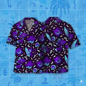 GhostIy Mystic Hawaiian Shirt Gastly Gen.gar Anime Shirt Blue Fire Summer Shirt Aloha Video Game Gifts