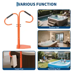 Adjustable 38 to 58 Inch Slide Under Hot Tub Handrail, 360° Swivel Deck Mount Grab Bar with Double Handles, 600 lbs Capacity and Towel Hook, for Above Ground Pools and Spas, Black Rod and Foam, 57 Inch