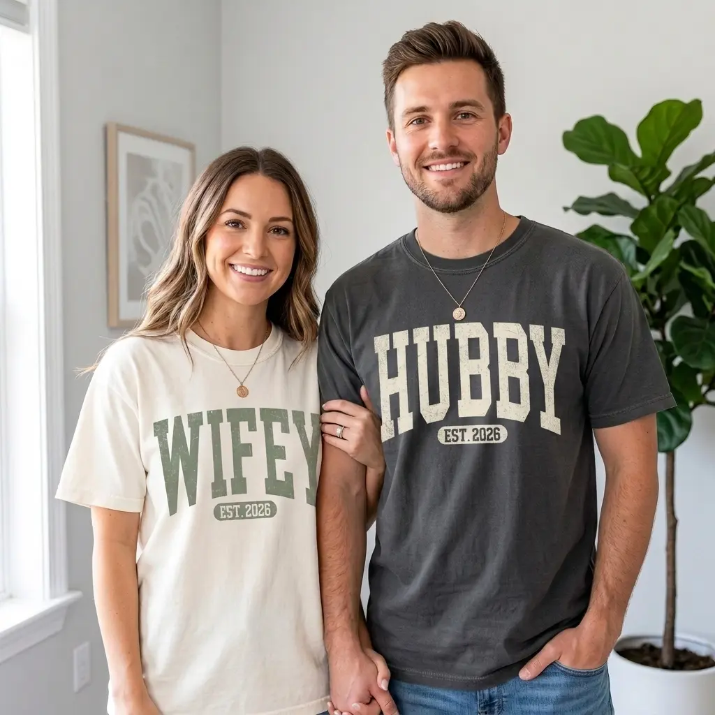 Comfort Colors Wifey and Hubby "EST 2026" or "EST 2027 T-Shirt, Newlywed Wedding Shirt, Just Married Shirt, Wife And Husband Tee, Retro Matching Couple Tee, Wedding Gift