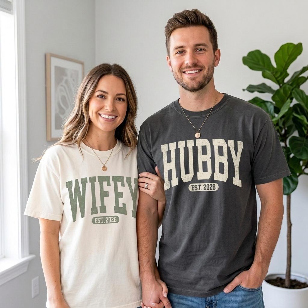Comfort Colors Wifey and Hubby “EST 2026” or “EST 2027 T-Shirt, Newlywed Wedding Shirt, Just Married Shirt, Wife And Husband Tee, Retro Matching Couple Tee, Wedding Gift