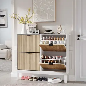 Garvee shoe cabinet with 4 flip drawers, ribbed shoe organizer with metal legs, freestanding, hidden, slim shoe rack for entrance area, foyer, hallway, white + oak