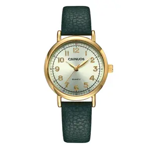 CAINUOS 5028L Women's Gold Watch, Minimalist Green Leather Strap Quartz Watch, Easy Read Rhinestone Dial Quiet Luxury Old Money Aesthetic Casual Dress Wrist Watch for Women Waterproof Wristwatch