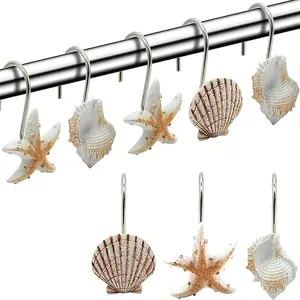 12pcs Colorful Seashell Shower Curtain Hooks, Decorative Resin Hooks For Bathroom, Bedroom, Living Room Decor Metal White And Yellow