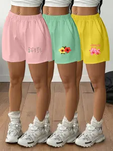 3-Pack Fashion Sporty Women's Hot Shorts Minimalist Lines Small Bouquet Hibiscus Flowers American Hot Girl Style Elastic Waist Loose Casual Sports Shorts Casual Women's Shorts Simple Slant Pockets Three-Pack