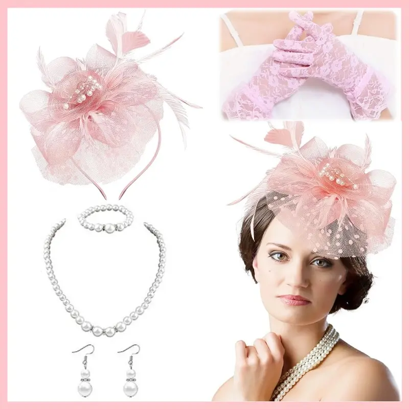 1920s Vintage Fascinators Hat Set for Women Tea Party Veil Mesh Headband Feather Hat for Women Veil Tea Party Hats