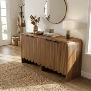 Oakault Fluted Sideboard Buffet Cabinet, 4 Doors Accent Cabinet with Adjustable Shelf, Modern Console Cabinet with Metal Handle for Living Room, Kitchen, Hallway, Entrway(Walnut)