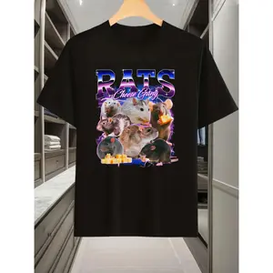 Fun Mouse Shirt, Mouse Cheese Crewneck T-Shirt, Retro 90s Aesthetic T-Shirt, Men's T-Shirt, Round Neck Short Sleeve, Fashionable Casual, Comfortable Breathable, Men's Clothing T-Shirt