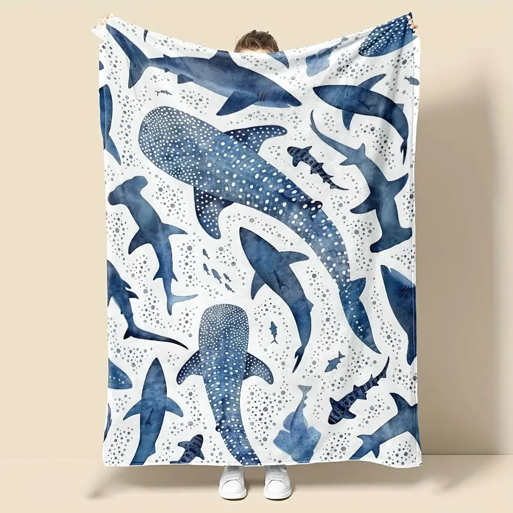 Romantic Ocean Style Whale Shark Pattern Animal Blanket, Soft Warm Flannel Children Blanket for Kids Boys Girls Toddler, Cozy Nap Blanket for Adults All Season, Perfect Gift for Children Birthday Holiday, Blue Marine Life Print Bedding for Bed Sofa Travel