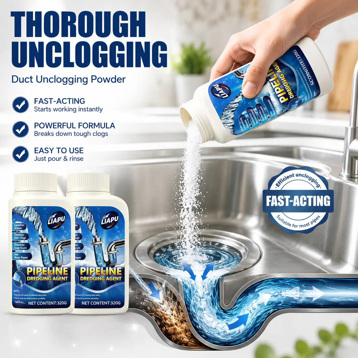 LIAPU Powerful Drain Cleaner Powder, Fast-Acting Clog Remover for Hair, Grease & Food Residue, Pipe Cleaner for Kitchen Sink, Bathroom, Shower & Floor Drains
