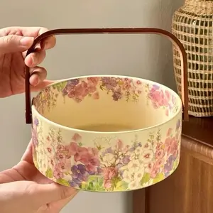 Blooming Flowers 6-inch Ceramic Fruit Dessert Basket with Wood Handle