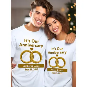 1pc Couples Matching Anniversary Shirt | Custom Name And Date, 100%, Casual Crew Neck, Short Sleeve, Heat Transfer Printing, Ideal for Wedding, Engagement, Valentine's Day Gifts for Men And Women, S-XXXL