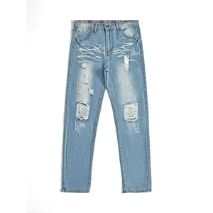 Light Blue High-Cotton Straight-Leg Jeans | Whiskering Distressed Denim