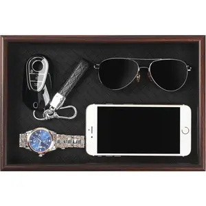 Wooden Valet Tray with Leather Base - Nightstand Catchall Organizer for Cologne, Perfume, , Wallet, Phone, Watch,  & Sunglasses (Black)